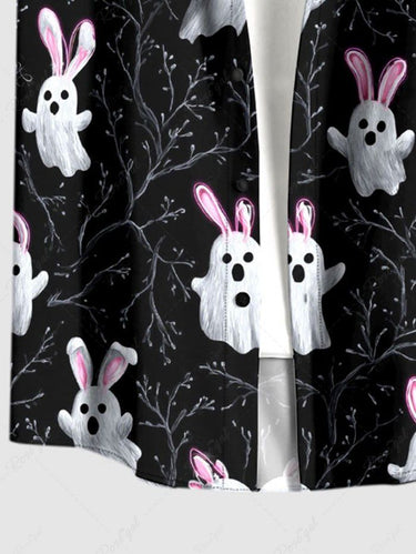 Gothic Plus Size Branch Ghost Rabbit Print Easter Button Pocket Shirt For Men