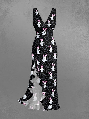 Gothic Branch Ghost Rabbit Print Easter Ruffles Split Dress