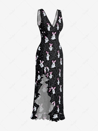 Gothic Branch Ghost Rabbit Print Easter Ruffles Split Dress