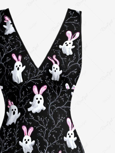 Gothic Branch Ghost Rabbit Print Easter Ruffles Split Dress