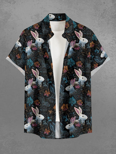 Gothic Plus Size Rabbit Flower Print Easter Button Pocket Shirt For Men