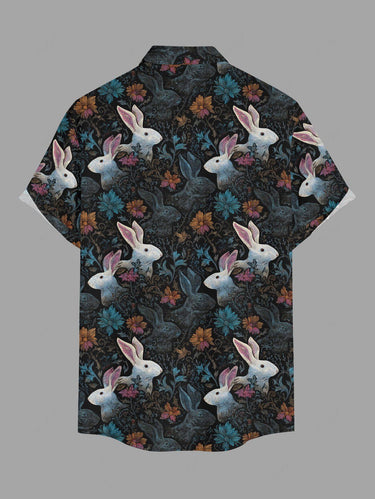 Gothic Plus Size Rabbit Flower Print Easter Button Pocket Shirt For Men