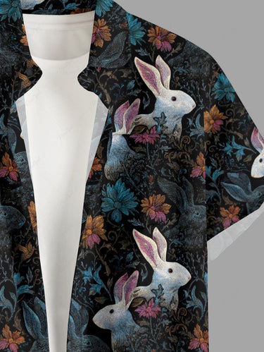 Gothic Plus Size Rabbit Flower Print Easter Button Pocket Shirt For Men
