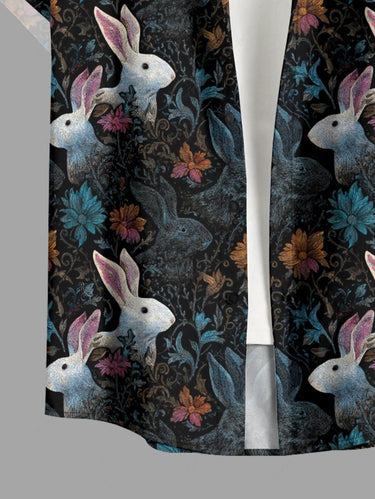 Gothic Plus Size Rabbit Flower Print Easter Button Pocket Shirt For Men
