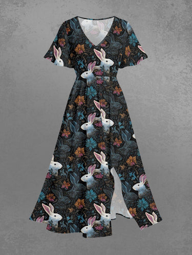 Gothic Plus Size Rabbit Flower Print Easter Split Pocket A Line Midi Dress