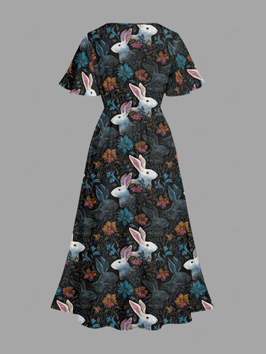 Gothic Plus Size Rabbit Flower Print Easter Split Pocket A Line Midi Dress