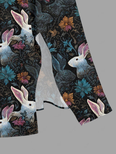 Gothic Plus Size Rabbit Flower Print Easter Split Pocket A Line Midi Dress