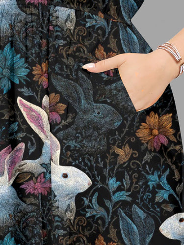 Gothic Plus Size Rabbit Flower Print Easter Split Pocket A Line Midi Dress