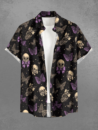 Gothic Plus Size Skull Butterfly Bowknot Print Button Pocket Shirt For Men