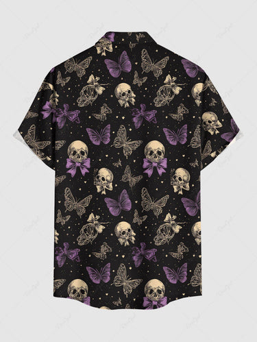 Gothic Plus Size Skull Butterfly Bowknot Print Button Pocket Shirt For Men
