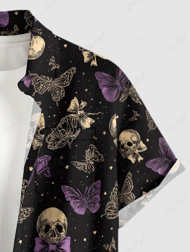 Gothic Plus Size Skull Butterfly Bowknot Print Button Pocket Shirt For Men