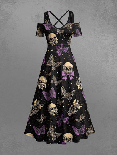 Gothic Plus Size Skull Butterfly Bowknot Print Cold Shoulder Crisscross Strappy A Line Maxi Dress