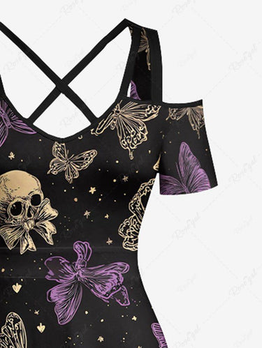 Gothic Plus Size Skull Butterfly Bowknot Print Cold Shoulder Crisscross Strappy A Line Maxi Dress