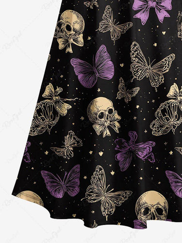 Gothic Plus Size Skull Butterfly Bowknot Print Cold Shoulder Crisscross Strappy A Line Maxi Dress