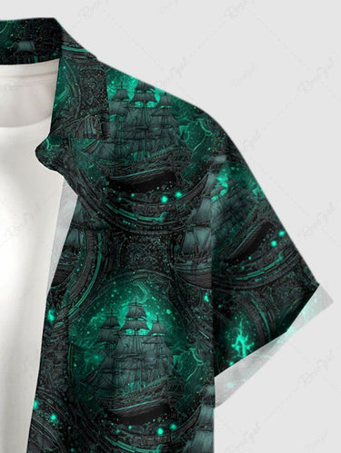 Gothic Plus Size Sailboat Milky Way Galaxy Print Button Pocket Shirt For Men