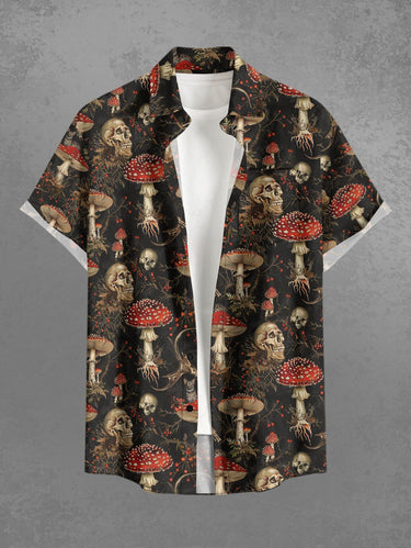 Gothic Plus Size Skull Mushroom Print Button Pocket Shirt For Men