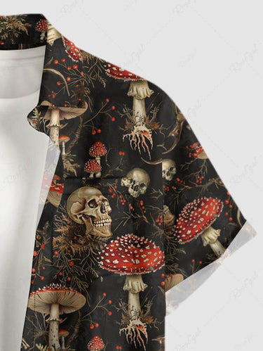 Gothic Plus Size Skull Mushroom Print Button Pocket Shirt For Men