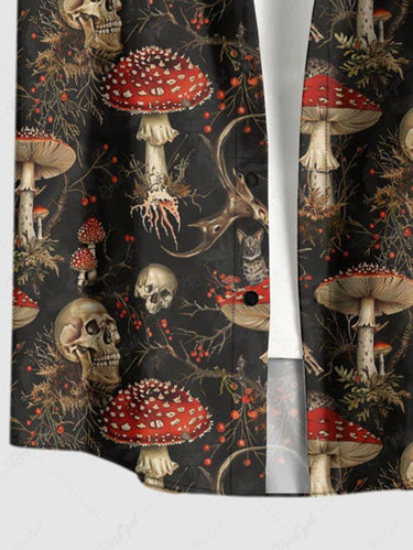 Gothic Plus Size Skull Mushroom Print Button Pocket Shirt For Men