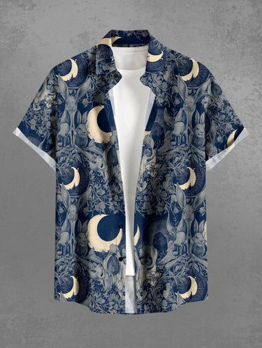 Gothic Plus Size Rabbit Moon Branch Print Easter Button Pocket Shirt For Men