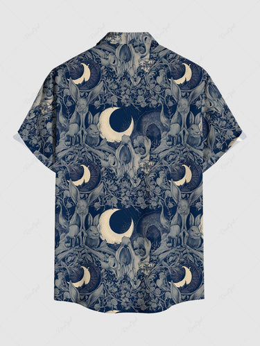 Gothic Plus Size Rabbit Moon Branch Print Easter Button Pocket Shirt For Men
