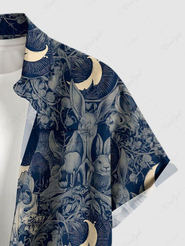 Gothic Plus Size Rabbit Moon Branch Print Easter Button Pocket Shirt For Men