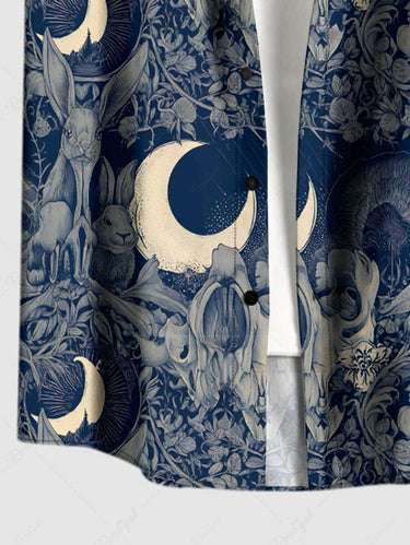Gothic Plus Size Rabbit Moon Branch Print Easter Button Pocket Shirt For Men