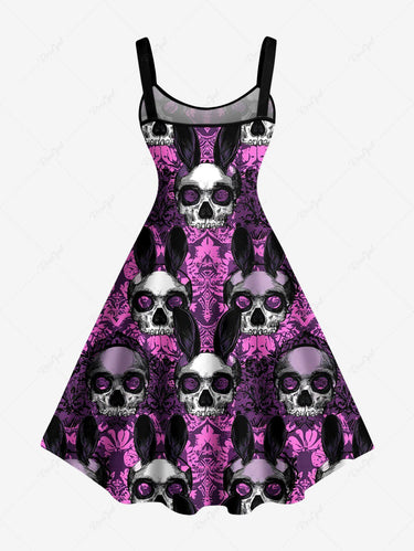 Gothic Plus Size Skull Rabbit Print Easter A Line Dress Light Purple / L Gothic Plus Size Skull Rabbit Print Easter A Line Dress Light Purple / L