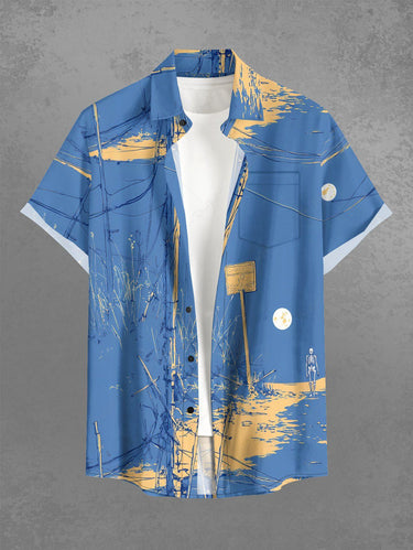 Gothic Plus Size Utility Pole Sea Skeleton Print Button Pocket Shirt For Men