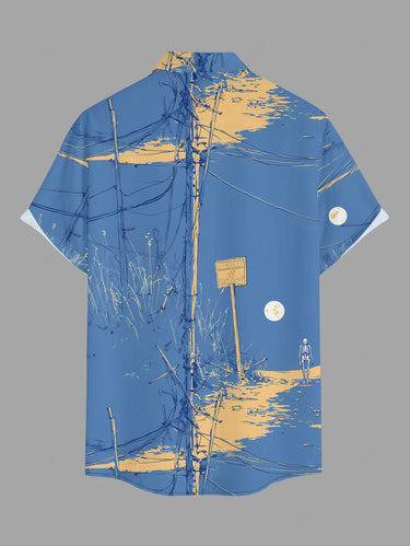 Gothic Plus Size Utility Pole Sea Skeleton Print Button Pocket Shirt For Men