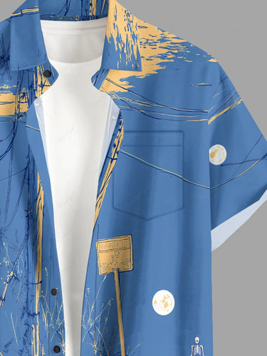 Gothic Plus Size Utility Pole Sea Skeleton Print Button Pocket Shirt For Men