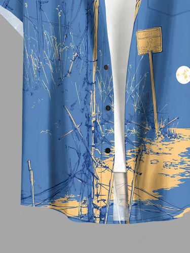 Gothic Plus Size Utility Pole Sea Skeleton Print Button Pocket Shirt For Men