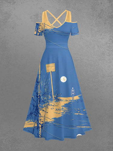 Gothic Plus Size Utility Pole Sea Skeleton Print Cold Shoulder Crisscross A Line Maxi Dress