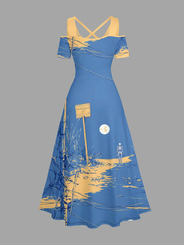 Gothic Plus Size Utility Pole Sea Skeleton Print Cold Shoulder Crisscross A Line Maxi Dress