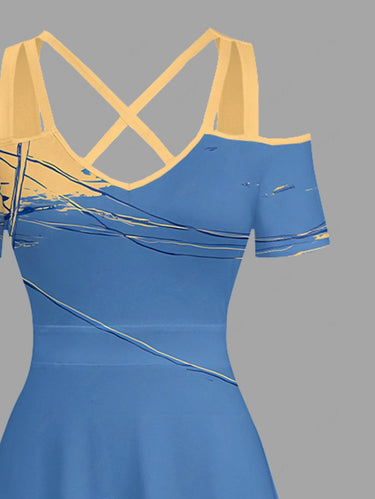 Gothic Plus Size Utility Pole Sea Skeleton Print Cold Shoulder Crisscross A Line Maxi Dress