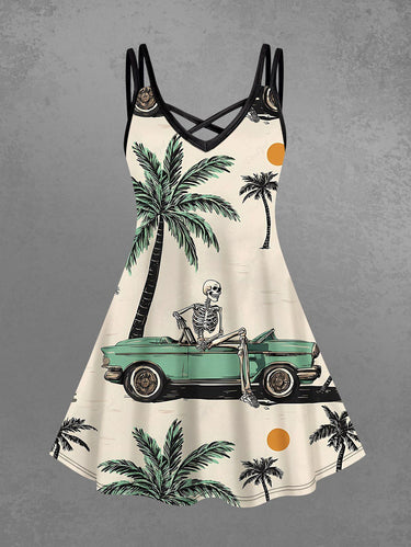 Gothic Plus Size Coconut Tree Skeleton Car Print Hawaii Crisscross Strappy A Line Cami Dress