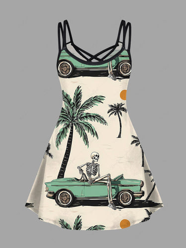 Gothic Plus Size Coconut Tree Skeleton Car Print Hawaii Crisscross Strappy A Line Cami Dress