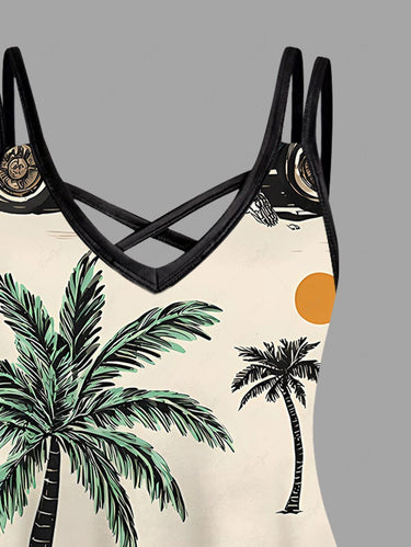 Gothic Plus Size Coconut Tree Skeleton Car Print Hawaii Crisscross Strappy A Line Cami Dress