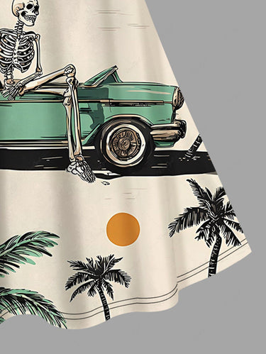 Gothic Plus Size Coconut Tree Skeleton Car Print Hawaii Crisscross Strappy A Line Cami Dress