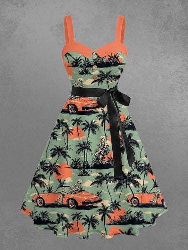 Gothic Plus Size Coconut Tree Skeleton Car Print Hawaii Button A Line Dress with Removable Belt