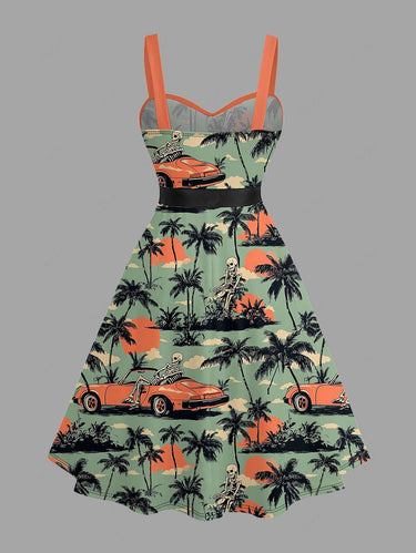 Gothic Plus Size Coconut Tree Skeleton Car Print Hawaii Button A Line Dress with Removable Belt