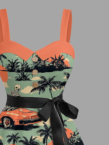Gothic Plus Size Coconut Tree Skeleton Car Print Hawaii Button A Line Dress with Removable Belt