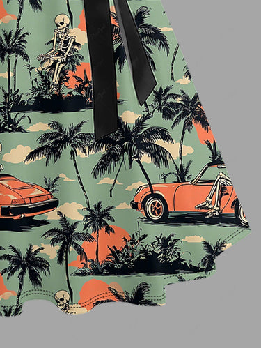 Gothic Plus Size Coconut Tree Skeleton Car Print Hawaii Button A Line Dress with Removable Belt