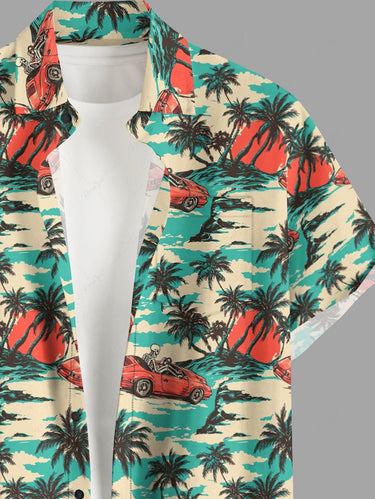 Gothic Plus Size Coconut Tree Car Skeleton Print Button Pocket Shirt For Men