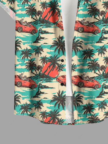 Gothic Plus Size Coconut Tree Car Skeleton Print Button Pocket Shirt For Men