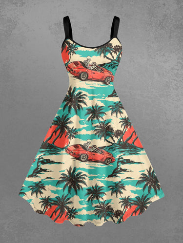 Gothic Plus Size Coconut Tree Car Skeleton Print A Line Dress