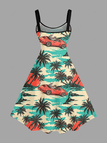 Gothic Plus Size Coconut Tree Car Skeleton Print A Line Dress