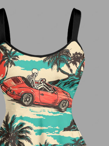 Gothic Plus Size Coconut Tree Car Skeleton Print A Line Dress