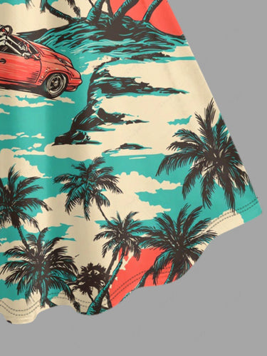 Gothic Plus Size Coconut Tree Car Skeleton Print A Line Dress