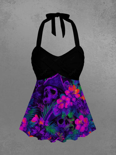 Gothic Skull Pirate Tropical Leaf Hibiscus Flower Print Hawaii Twist Halter Tankini Top