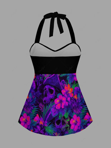 Gothic Skull Pirate Tropical Leaf Hibiscus Flower Print Hawaii Twist Halter Tankini Top